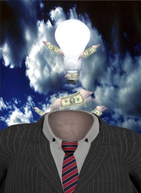 Kârlı bir fikir. Ampullü iş elbisesi ve kanatlı Amerikan doları. 3d oluşturma.