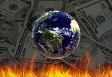 Dünya gezegeni, ateş ve Amerikan doları. 3B görüntüleme.