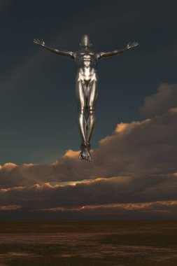 Droid 'in boş arazide yükselişi. 3d oluşturma.