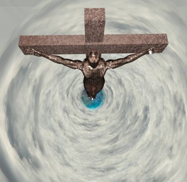 Çarmıha gerilmiş sayborg bulut tünelinde. 3d oluşturma.