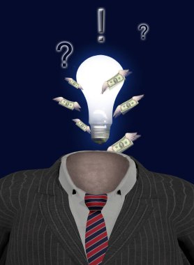 Kârlı bir fikir. Ampullü iş elbisesi ve kanatlı Amerikan doları. 3d oluşturma.