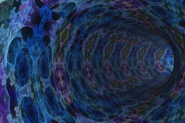 Duvarlarında mavi fraktal desenler olan soyut tünel.