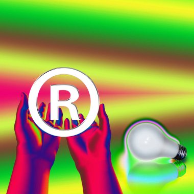 Kayıtlı bir fikir. Ampullü kayıtlı semboller. 3d oluşturma.