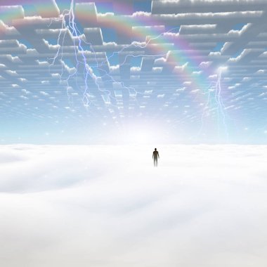 Dağların arkasında sırt çantalı bir adamın silueti.