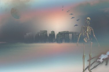 Stonehenge ve insan iskeletinin 3D renkli çizimi