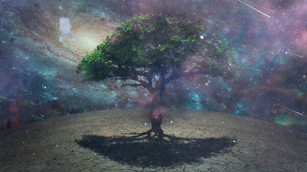 Astronaut hovers above strange planet. Tree in desolate landscape. Sci-fi art.