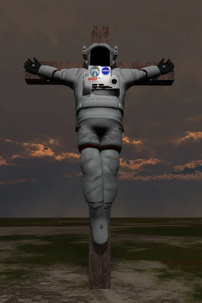 Astronauta Crucificado Con Fondo Cielo Dramático Renderizado — Foto de Stock