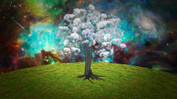 Yabancı Gezegen Yıldızlı Gökyüzünde Büyüyen Ağaç — Stok fotoğraf