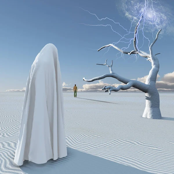 3D一个幻想场景与美丽的天使与枯树 — 图库照片