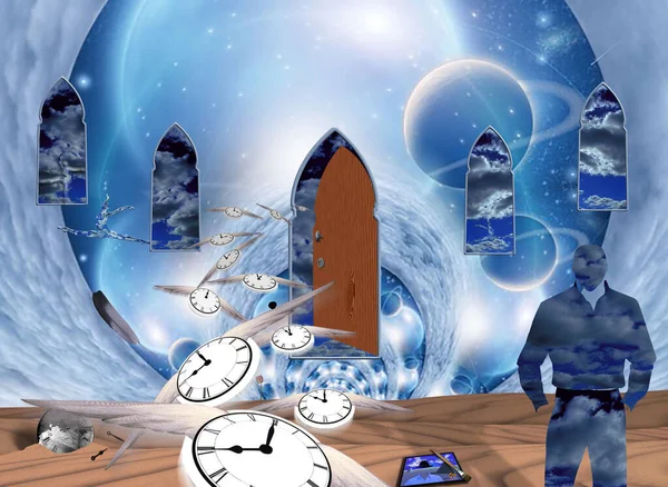 Flujo Tiempo Escena Surrealista Con Puerta Ventanas Antiguas Bailarina Reloj — Foto de Stock
