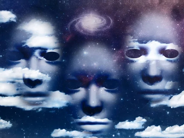 Mystieke Gezichten Maskers Wolken Werveling Van Sterren — Stockfoto