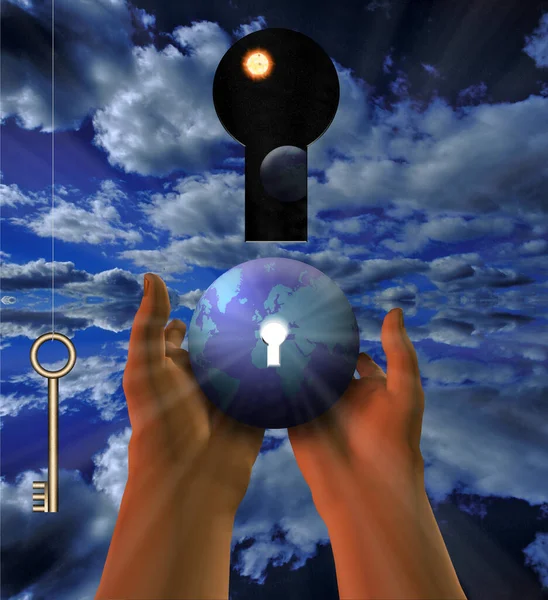 Keyhole Space Hanging Key Earth Keyhole Rendering — Stock Photo, Image