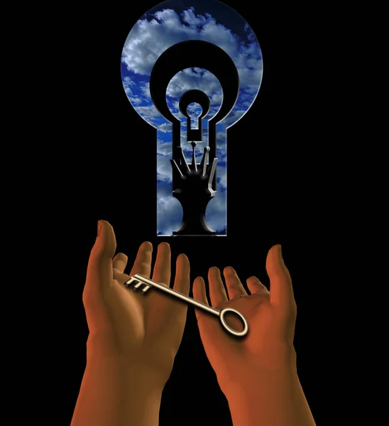 Digital Abstract Background Hands Holding Key Keyhole — 图库照片