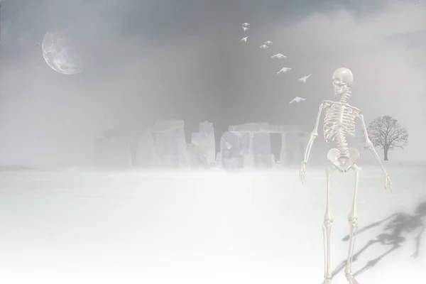 Πολύχρωμη Απεικόνιση Του Stonehenge Και Ανθρώπινο Σκελετό — Φωτογραφία Αρχείου
