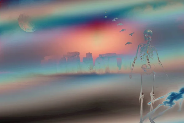 Colorful Illustration Stonehenge Human Skeleton — Φωτογραφία Αρχείου