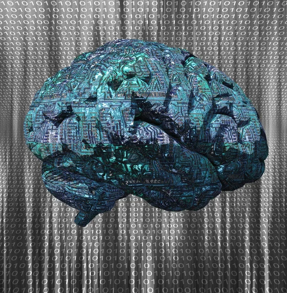 Cerebro Con Patrón Circuito Sobre Fondo Código Binario Renderizado —  Fotos de Stock