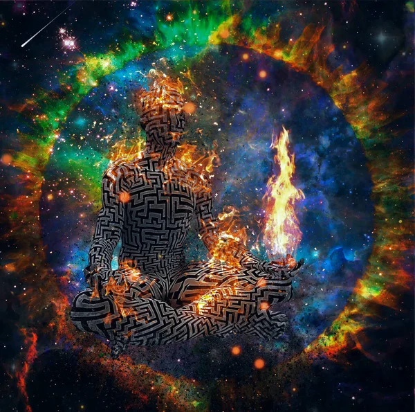 シュールレアリズム 炎の中で蓮のポーズで迷路パターンを持つ男の図 3Dレンダリング 宇宙での瞑想 — ストック写真