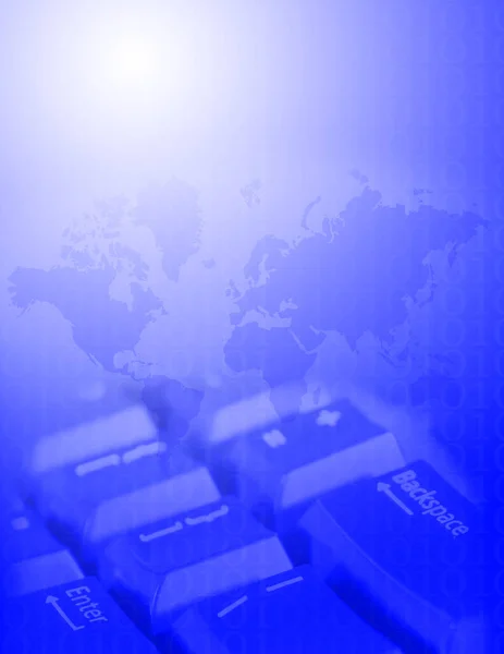 Computer Keyboard World Map Blue Background — Stock Photo, Image