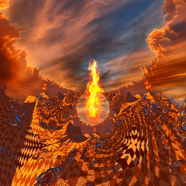 Starożytna Żaglówka Podróżuje Krainie Czarów Surrealistyczna Szachownica Płonący Krajobraz — Zdjęcie stockowe