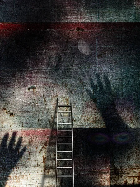 Композиция Ужасов Лестницей Силуэтами Рук Рендеринг — стоковое фото