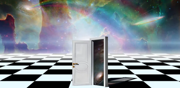 Mysterious Door Checkered Landscape Rendering — Stock Photo, Image