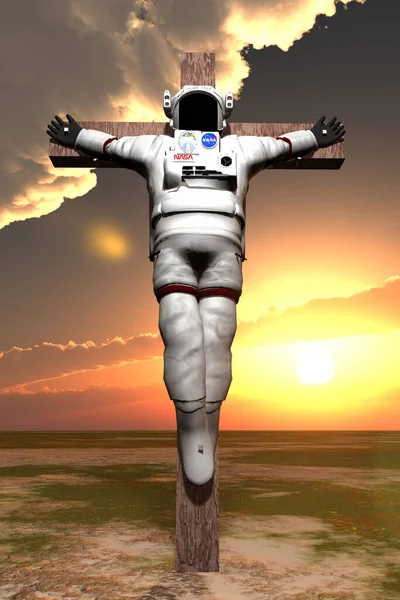 Korsfäst Astronaut Med Solnedgång Himmel Konvertering — Stockfoto