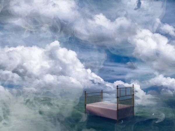 Bed Surreal Cloudy Landscape Slumber Heaven — Stock Photo, Image