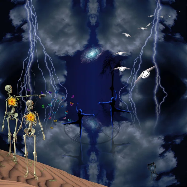 来世由骷髅 舞蹈家 树和有翅膀的钟组成的精神作曲 3D渲染 — 图库照片