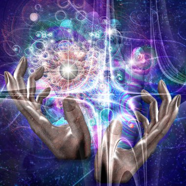 Digital abstract background with hands in space