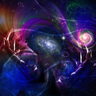 Digital abstract background with hands in space