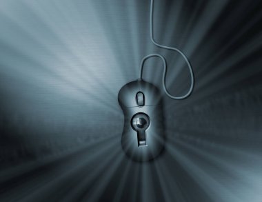 Bilgisayar faresindeki bir anahtar deliğinden göz akranları. Dijital casusluk mu? 3d oluşturma.