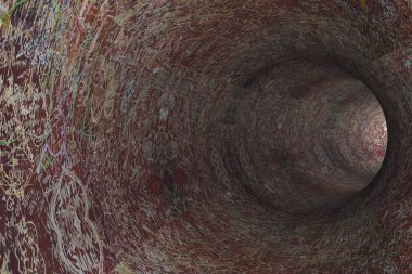 Duvarlarda çizimler olan soyut bir tünel.