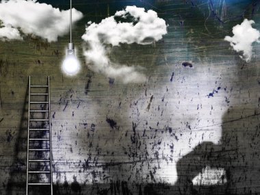 Merdiven ve lambayla Grunge kompozisyonu. 3d oluşturma.