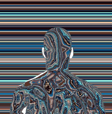 İnsan yüzü olan soyut bir arkaplan, üç boyutlu görüntüleme. Dazlak ve kel adam