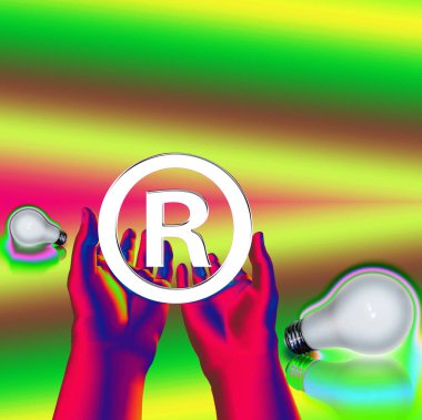 Kayıtlı bir fikir. Ampullü kayıtlı semboller. 3d oluşturma.