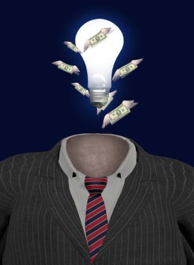 Kârlı bir fikir. Ampullü iş elbisesi ve kanatlı Amerikan doları. 3d oluşturma.