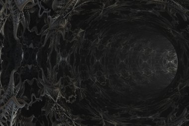 Duvarlarında fraktal desenler olan soyut karanlık bir tünel..