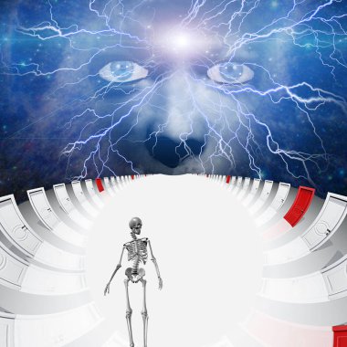 Cennetin kapıları. İskelet ve Tanrı 'nın yüzü. 3d oluşturma.