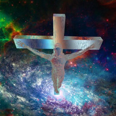 soyut renkli arkaplan ve haçın üzerinde vücut silueti 