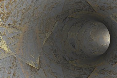 Duvarlarında yıpranmış geometrik şekiller olan soyut bir tünel..