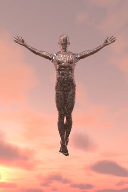 Gökyüzünde droid yükselişi. 3B görüntüleme.