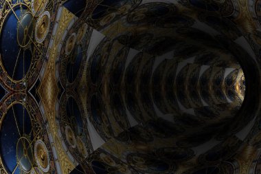 Astronomik saat desenli soyut bir tünel. 3d oluşturma.