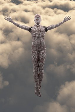 Droid gökyüzünde yükseliyor. Bilim kurgu ve ruhani sahne. 3B görüntüleme.