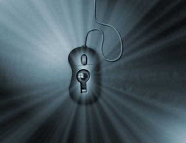 Bilgisayar faresindeki bir anahtar deliğinden göz akranları. Dijital casusluk mu? 3d oluşturma.