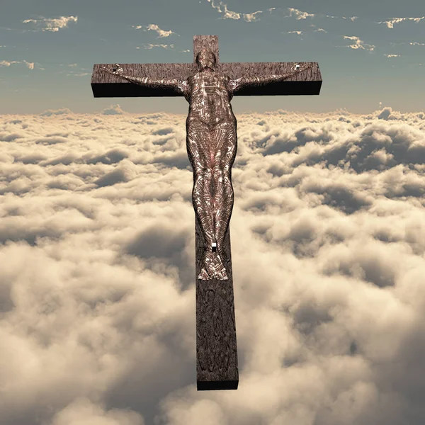 Ciborgue Crucificado Céu Renderização — Fotografia de Stock