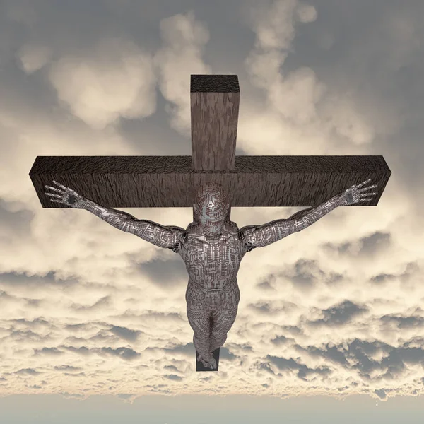 Ciborgue Crucificado Céu Renderização — Fotografia de Stock