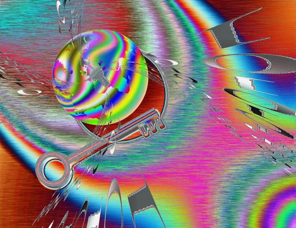 Fluxo Binário Globo Chave Pintura Colorida Abstrata Renderização — Fotografia de Stock