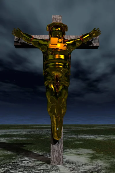 Astronauta Crucificado Fato Dourado Renderização — Fotografia de Stock