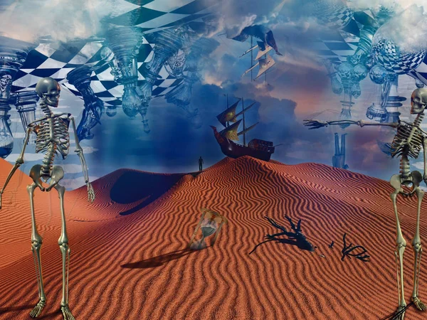 船驶向荒凉的仙境 带有棋盘 骷髅和沙漏的超现实沙漠 — 图库照片