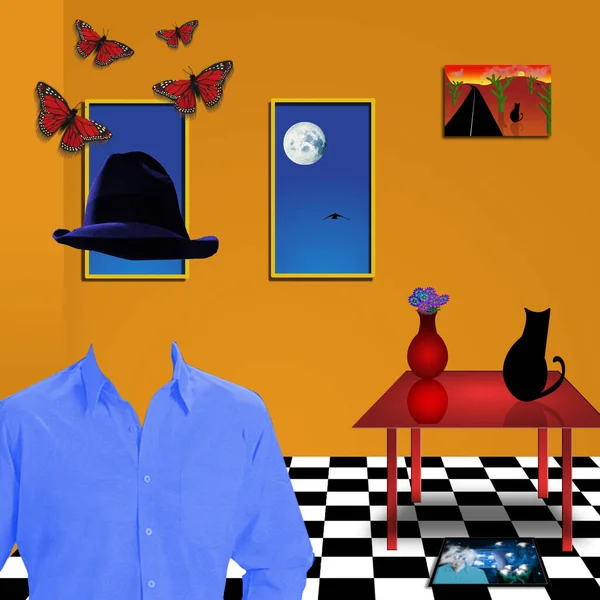 Room Black Cat Table Invisible Man Shirt Hat Art Imagination — Stock Photo, Image